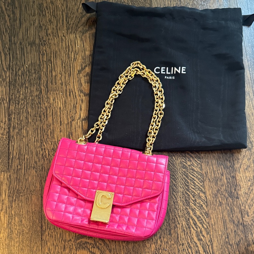 Celine Small C Quilted Chain Shoulder Bag in Pink Calf Leather